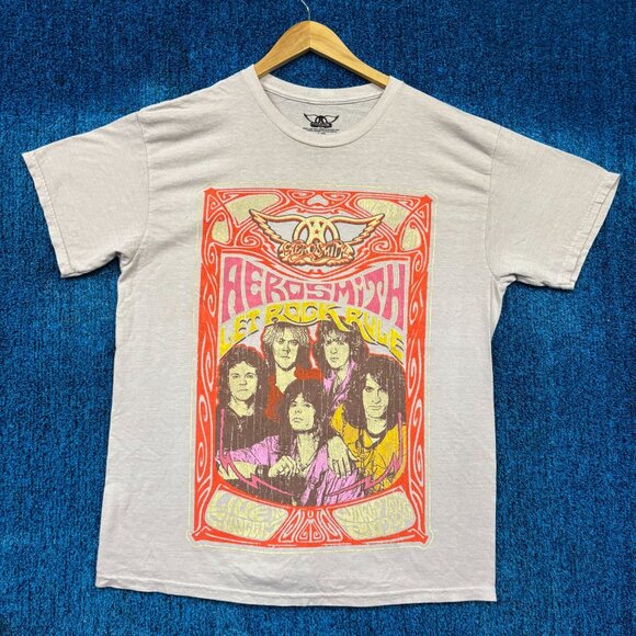 Aerosmith Blues-Based Hard Rock Band Members Beige Graphic T-Shirt Size L - Picture 1 of 4